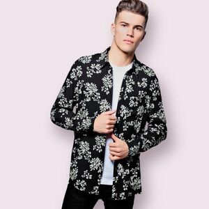 Boohoo MAN Black Floral Long Sleeve Shirt Size S